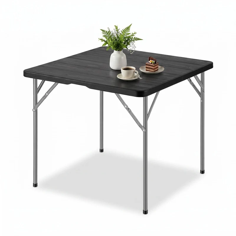 Sekey Klapptisch 86 x 86 cm, Gartentisch in Holzoptik, Wetterfester Balkontisch für 4 Personen, Klappbarer Outdoor-Tisch aus Kunststoff mit Metallgestell für Balkon, Terrasse & Garten, Schwarz