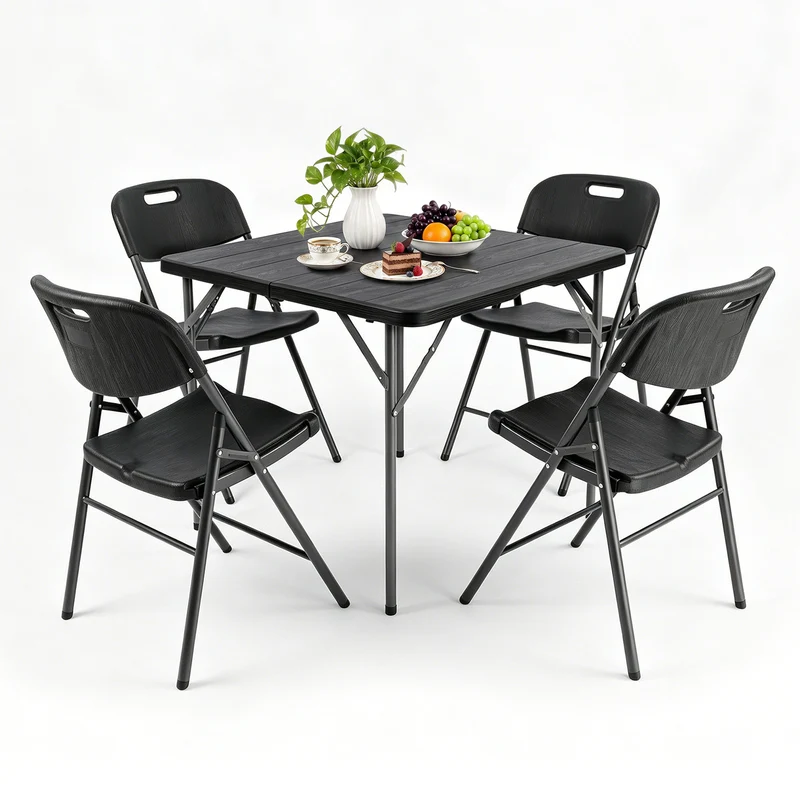 Sekey 5-tlg. Gartengarnitur für 4 Personen, Klappbarer Gartentisch mit 4 Klappstühlen, Wetterfeste Gartenmöbel, Platzsparendes Balkonmöbel-Set für Terrasse, Balkon & Garten, Schwarz