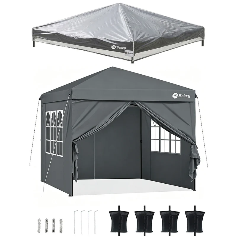 Sekey Faltpavillon 3x3 m mit 4 Seitenteilen & transparentem EVA-Regenschutz – Wasserdichter Gartenpavillon, Pop-Up Partyzelt mit 420D Oxford-Gewebe & UPF 50+