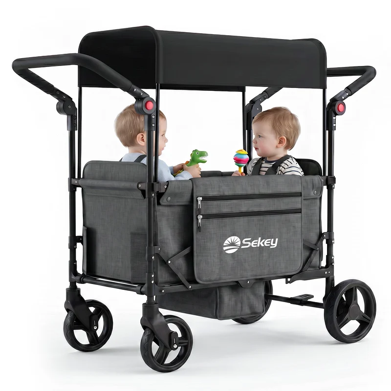 Sekey Bollerwagen faltbar mit Dach für 1–2 Kinder – Kinderwagen mit XXL-Rädern, 5-Punkt-Gurt & flexibler Sitz-/Liegefläche, bis 110 kg, Serie SS9090