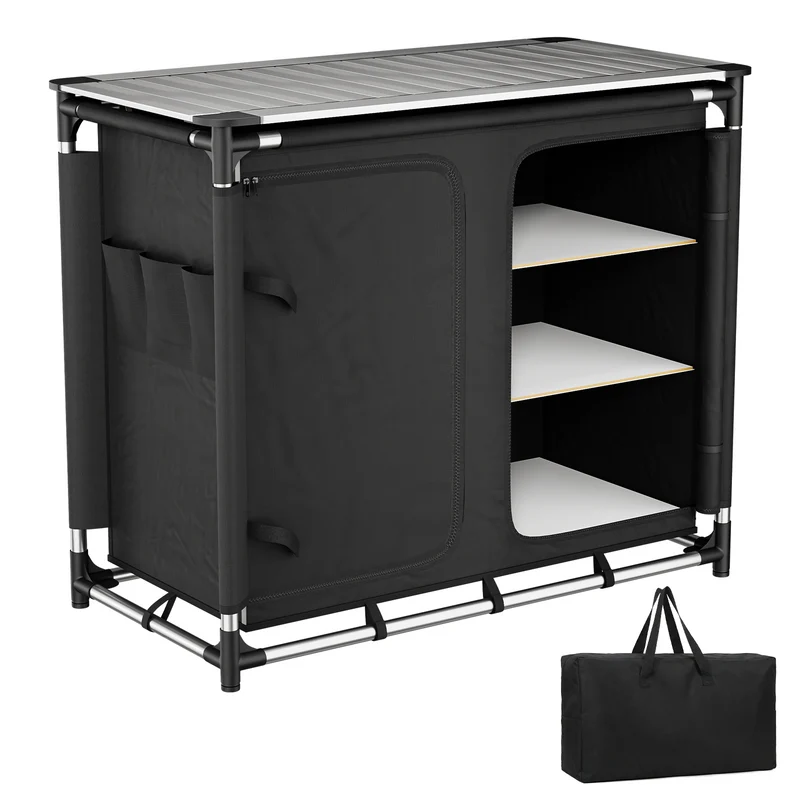 Sekey Campingschrank faltbar mit rollbarer Aluminium-Tischplatte, Campingküche Outdoor 79 × 48 × 96 cm, 6 Fächer, Aluminiumgestell, Camping Tisch mit Stauraum für Wohnmobil, Garten & Festival