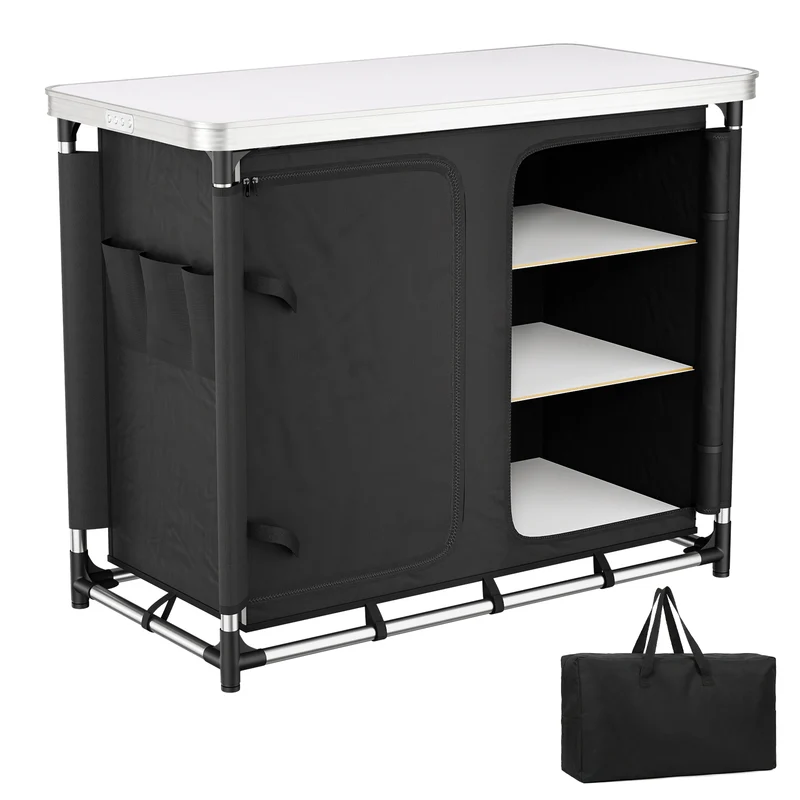 Sekey Campingschrank faltbar mit Tischplatte, Campingküche Outdoor 79 x 48 x 96 cm, Campingküche mit 6 Fächern, Aluminiumgestell, MDF-Arbeitsplatte, für Camping, Wohnmobil & Garten
