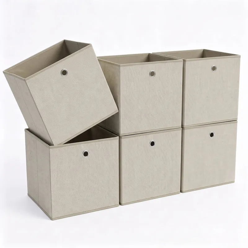 Sekey Aufbewahrungsboxen 6er Set 33 × 33 × 33 cm – Faltbare Stoffboxen mit Grifföse, stabile Ordnungsboxen für Kallax-Regale, Beige