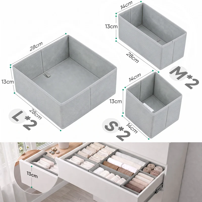 Sekey Aufbewahrungsboxen Set 6er Set aus Vliesstoff – Faltbare Stoffboxen Organizer für Schubladen & Regale, Hellgrau, Größenmix S für Kleidung, Unterwäsche & Accessoires
