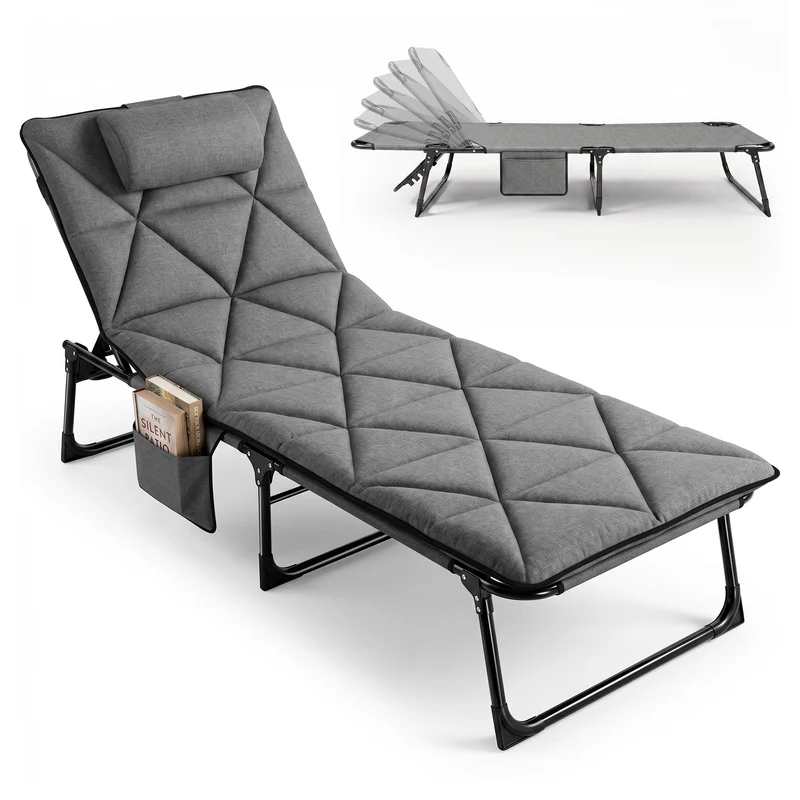 Sekey Campingliege Klappliege klappbar mit Matratze & Kopfkissen, 6-fach verstellbare Rückenlehne, Feldbett bis 150 kg, Gartenliege, Sonnenliege & Gästebett 190 × 68 cm
