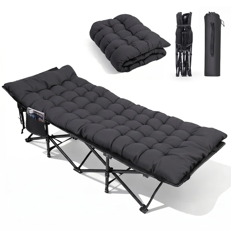 Sekey Feldbett Campingbett Klappbar 190 × 71 × 35 cm – Campingliege mit 7 cm Matratze, Klappbett bis 200 kg, Angelliege aus 1200D Oxford-Gewebe, Schwarz