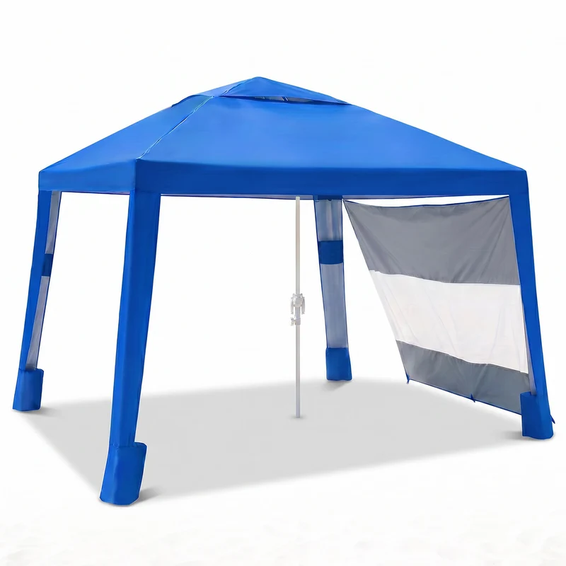 Sekey Strandmuschel Pop Up 240 × 240 cm für 4–6 Personen – Höhenverstellbares Strandzelt mit Seitenvorhang, UV50+ Sonnenschutz, Windfest mit Sandsäcken & Schraubheringen, Blau