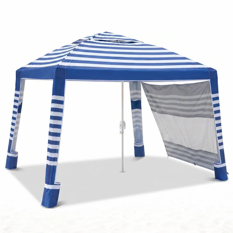 Sekey Strandmuschel Pop Up 240 × 240 cm für 4–6 Personen – Höhenverstellbares Strandzelt mit Seitenvorhang, UV50+ Sonnenschutz, Windfest mit Sandsäcken & Schraubheringen, Blau Gestreift