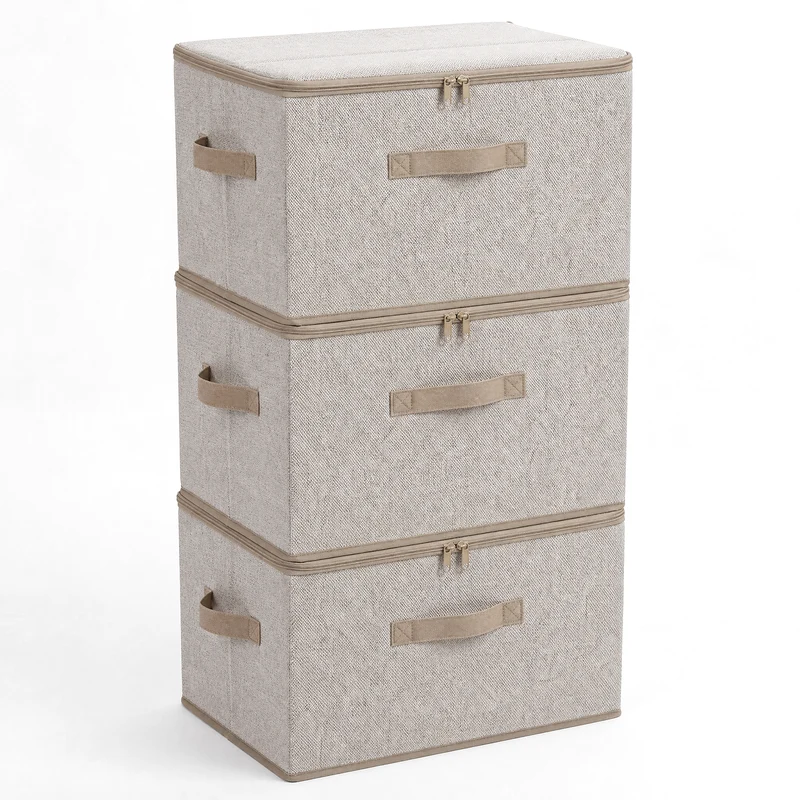 Sekey Aufbewahrungsboxen mit Deckel & Griffen – Faltbare Stoffboxen Organizer 50×30×30 cm, stapelbar für Kleiderschrank & Regal – 3er/6er Set, Beige