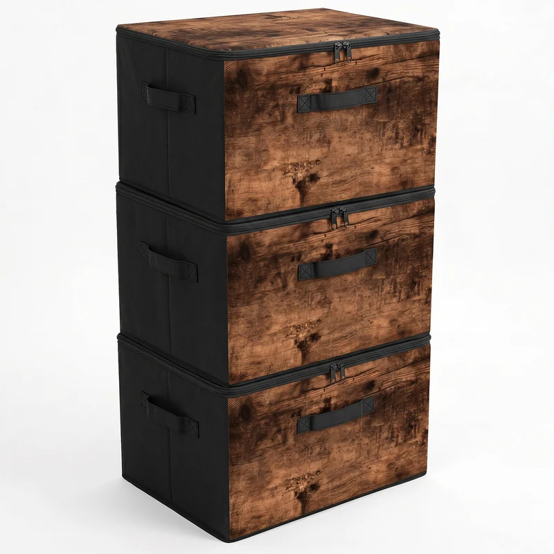 Sekey Aufbewahrungsboxen mit Deckel & Griffen – Faltbare Stoffboxen Organizer 50×30×30 cm, stapelbar für Kleiderschrank & Regal – 3er/6er Set, Holzoptik