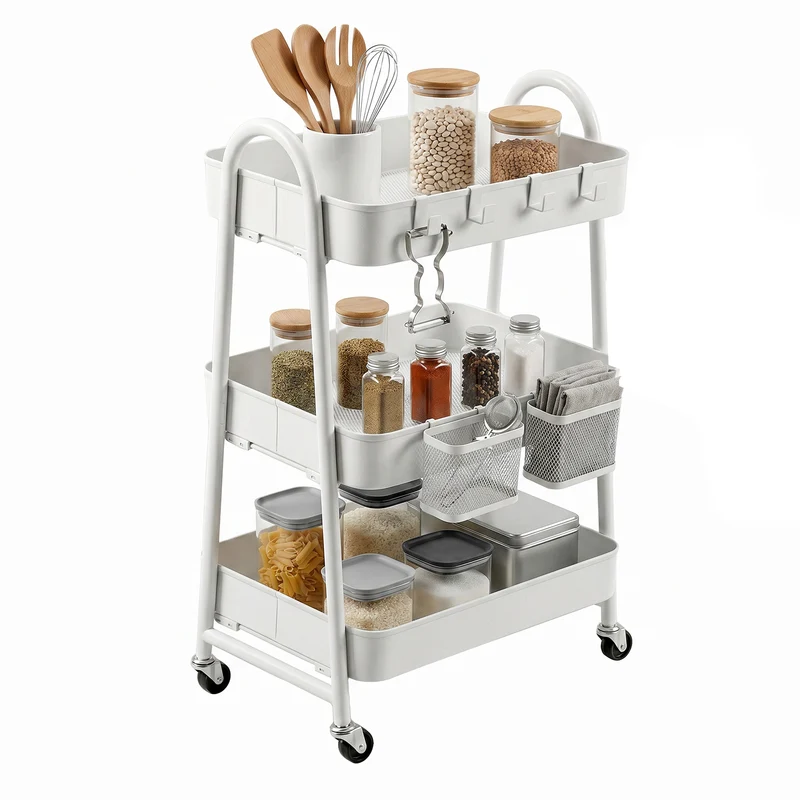 Sekey Rollwagen Küche 30 cm – Schmaler Servierwagen aus Metall mit Rollen, 3 Ablagen, 2 Metallkörben & 4 Haken