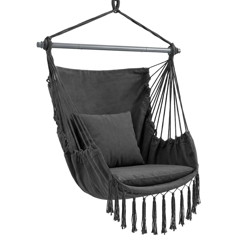 Sekey Hängesessel mit 2 Kissen & Seitentasche – Boho Hängestuhl für Balkon, Garten & Indoor – Anthrazit