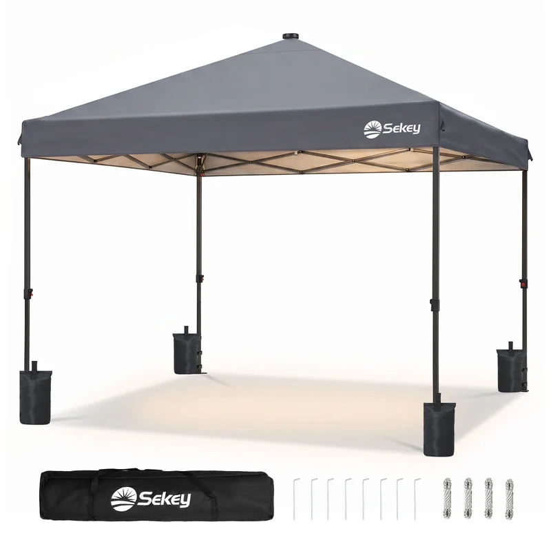 Sekey Pavillon 3x3 m mit LED-Beleuchtung – Wasserdicht, Winterfest & Stabil, Höhenverstellbarer Faltpavillon mit Solarpanel, UV-Schutz 50+, Gartenpavillon für Camping, Terrasse & Partys