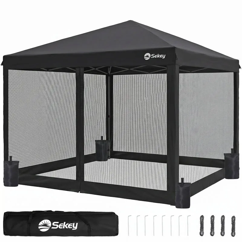 Sekey Pop Up Pavillon 3x3 m mit Moskitonetz – Wasserdicht, Winterfest, Höhenverstellbarer Faltpavillon mit 4 Sandsäcken, UV-Schutz 50+, Garten- & Campingzelt
