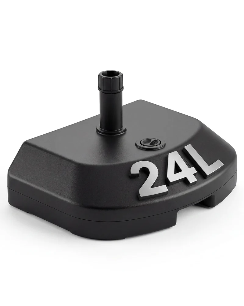 Sekey Halbrunder Sonnenschirmständer befüllbar – 32–38 mm, Kunststoff, bis 32 kg (Sand) / 24 L (Wasser), Schwarz