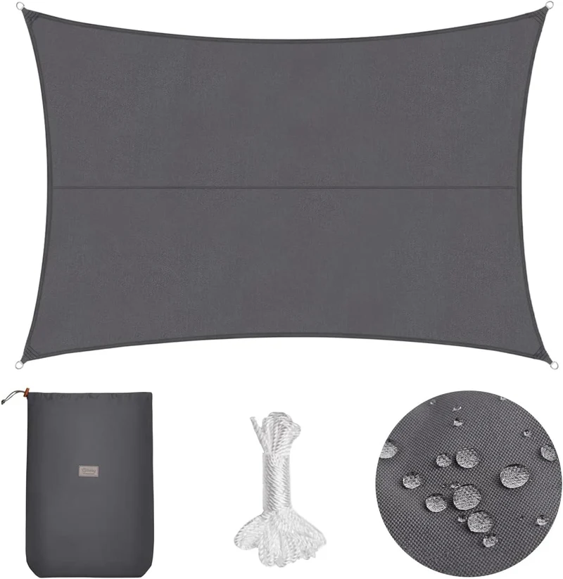Sekey Sonnensegel Wasserdicht 3x4 m Rechteckig – PES Polyester 160 g/m², 95% UV-Schutz (UPF 50+), wetterfest & reißfest, mit Ösen & Befestigungsseilen für Balkon, Garten & Terrasse (Anthrazit)