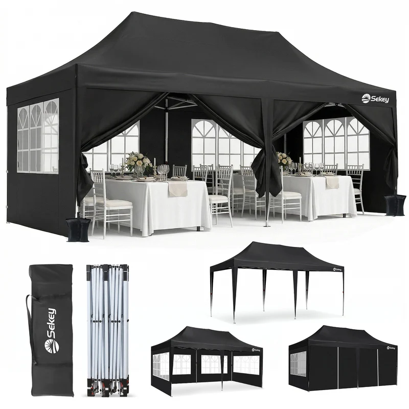 Sekey 3x6m Faltpavillon mit Seitenwand – Pop-Up Pavillon Wasserdicht (PU1000+) & UV50+, Stabil & Winterfest, Gartenpavillon mit hoher Spitze für Party, Camping & Events