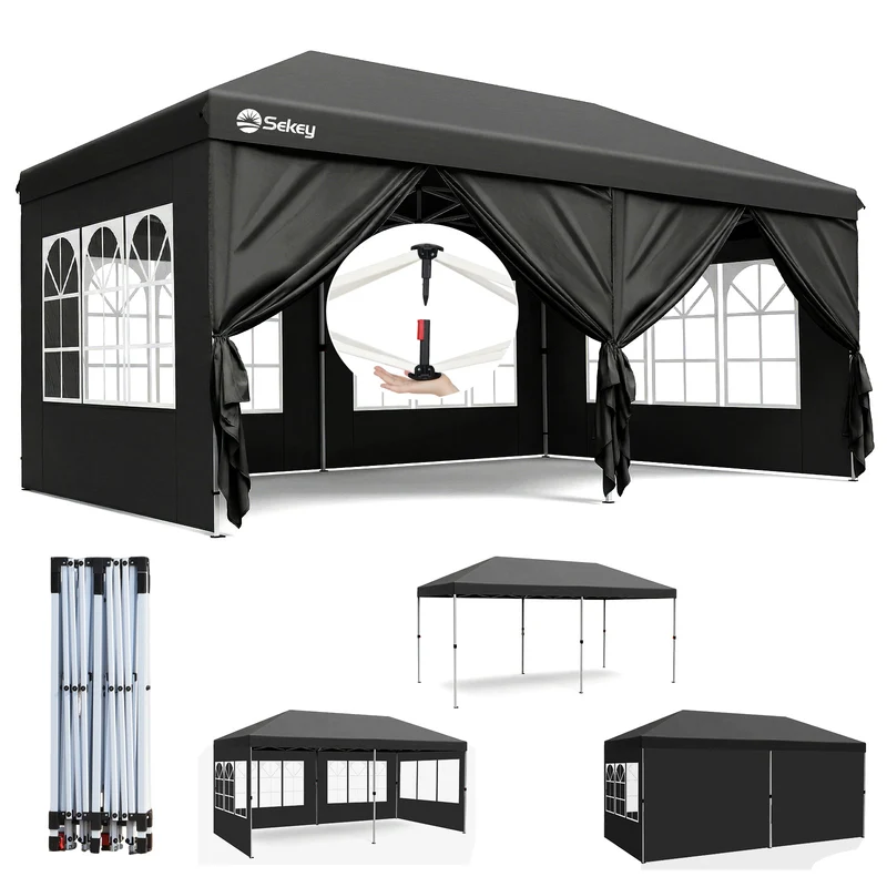 Sekey 3x6m One-Touch Pop-Up Pavillon mit Seitenwänden – Wasserdicht & Windfest, Faltpavillon mit 4 Sandsäcken, Höhenverstellbar, Schnellaufbau für Garten, Camping & Events