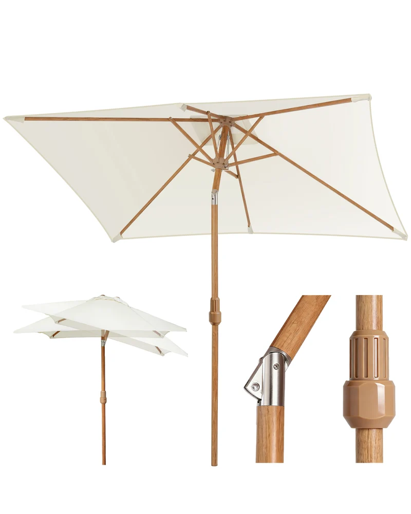 Sekey Sonnenschirm Rechteck 200x300 cm in Holzoptik – höhenverstellbar, UV50+, mit Dreh-Kippfunktion & Kurbel, Eisenmast 38 mm für Balkon, Terrasse & Garten