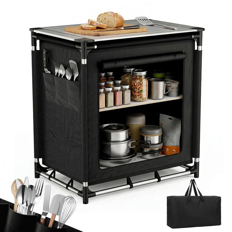 Sekey Campingschrank Faltbar 77x52x76 cm – Campingküche mit Aluminiumgestell & Arbeitsfläche, Tragbar, 2 Stofffächer, Outdoor Tisch