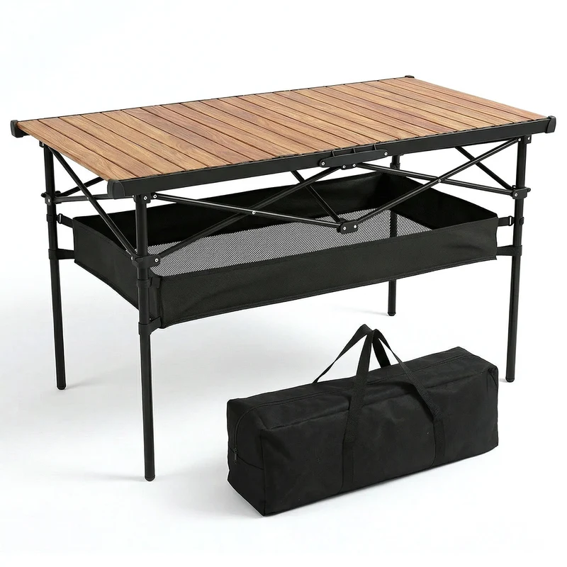 Sekey Klappbarer Campingtisch 120x60 cm – Ultraleichter Aluminium Gartentisch in Holzoptik, Faltbar & Rollbar, Wetterfest Balkontisch mit Ablagenetz & Tragetasche