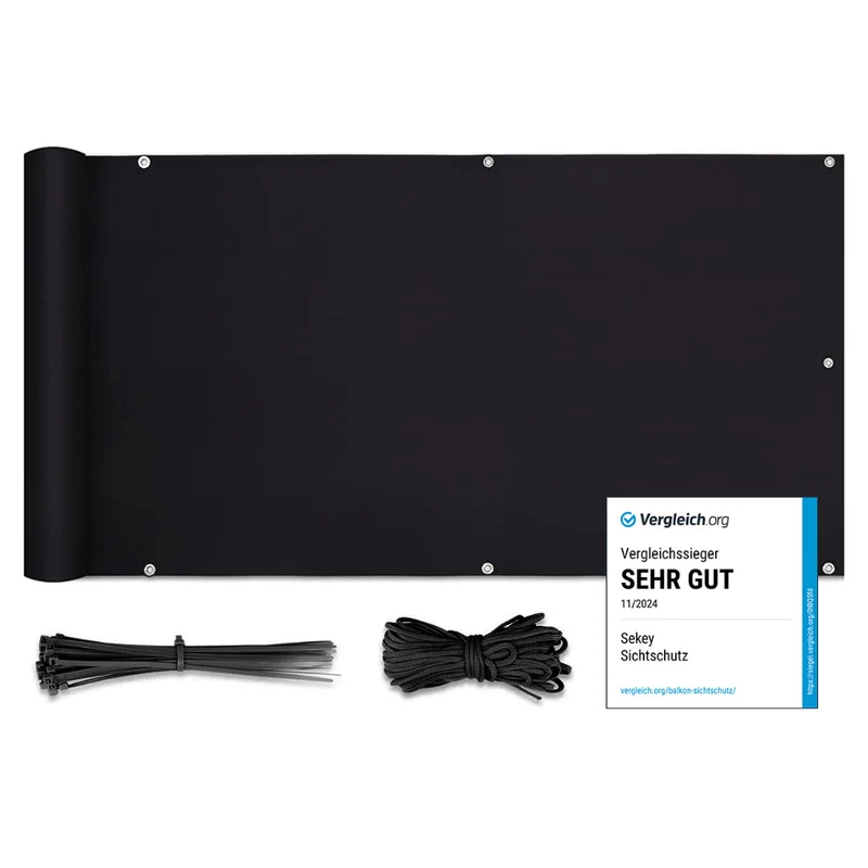 Sekey PES Balkon Sichtschutz blickdicht – Balkonabdeckung mit Wind- & UV-Schutz, schwarz, 160 g/m² PES, mit Ösen, Kordel & Kabelbindern