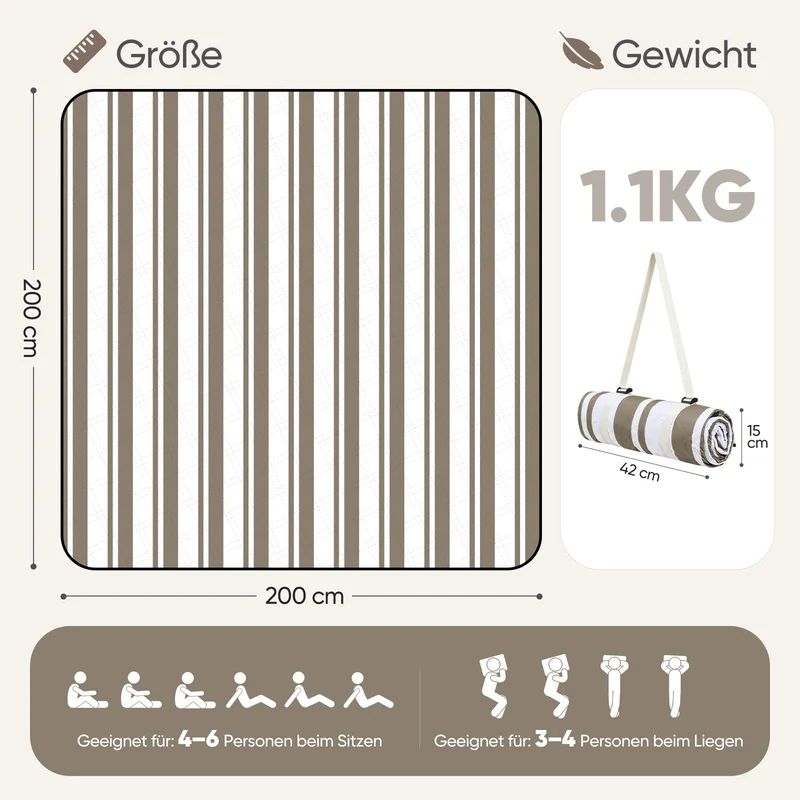 Sekey Picknickdecke Wasserdicht – Sandfreie Stranddecke mit klassischem Streifenmuster in Braun-Weiß, In Beige/Weiß gestreift, PEVA-Unterseite & Tragegurt für Picknick, Camping und Strand