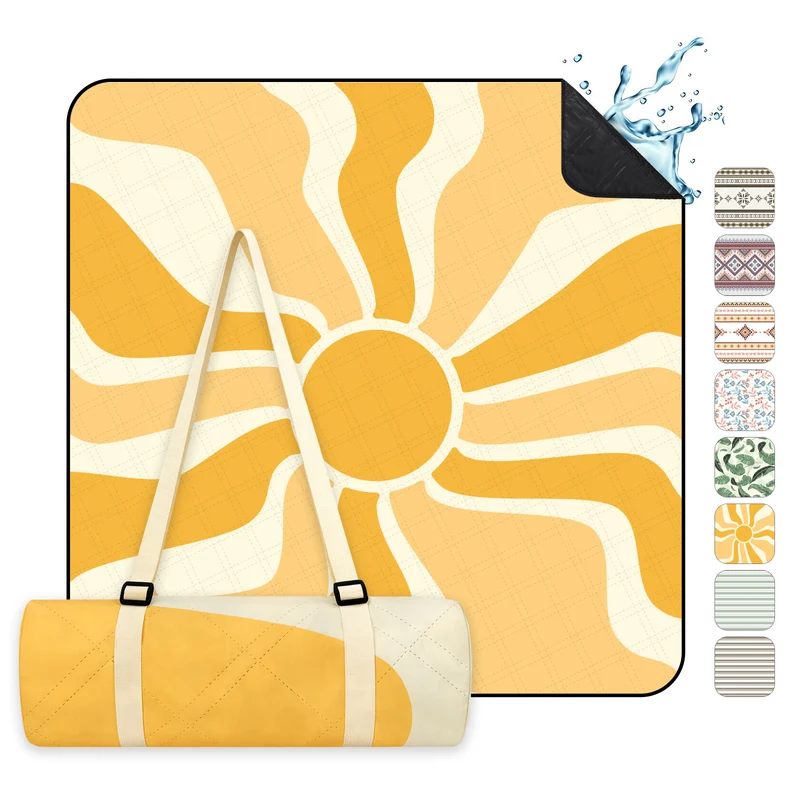 Sekey Picknickdecke Wasserdicht – Sandfreie Stranddecke mit Sonnen-Motiv, Sonnenmuster, PEVA-Unterseite & Tragegurt für Picknick, Camping und Strand