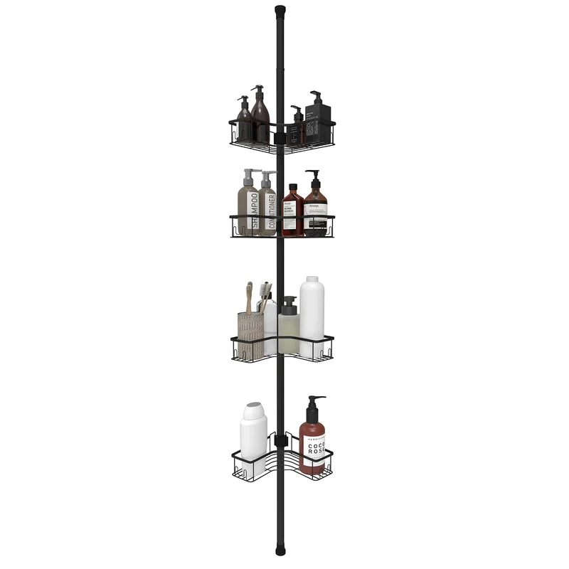 Sekey Duschregal Ohne Bohren – Höhenverstellbares Eck-Duschregal 79–315 cm mit 4 Körben & Klicksystem, Stabiles Teleskop-Dusch-Organizer für Badezimmer