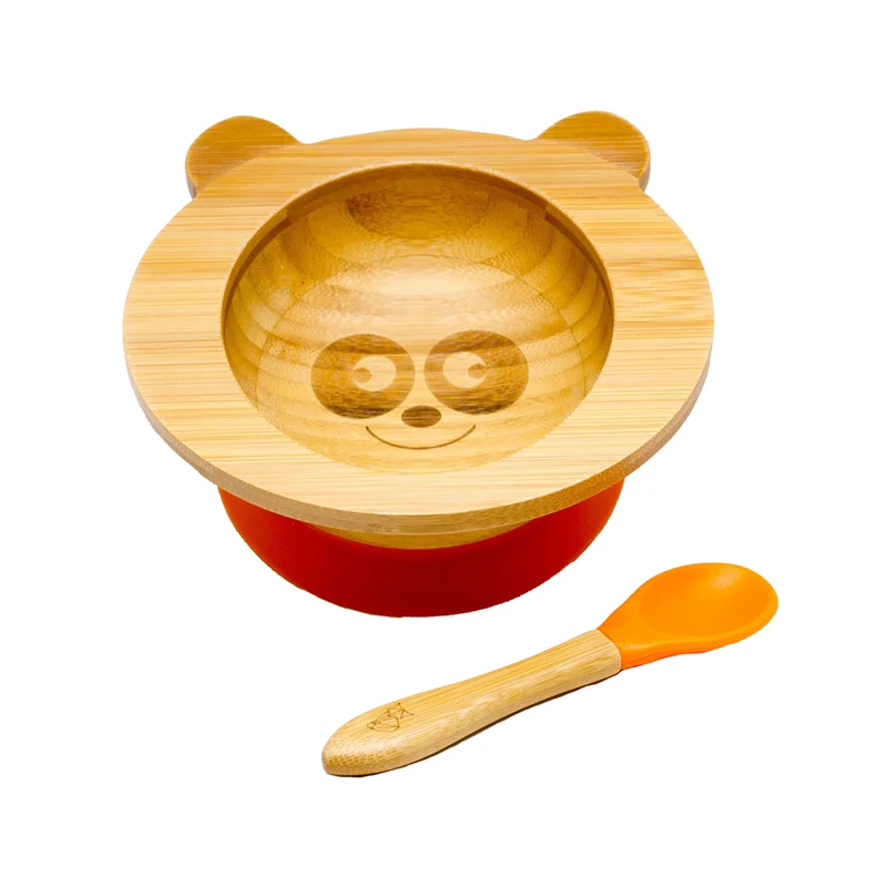 Bambus-Schüssel für Kinder inkl. Löffel - mit Pandamotiv - Orange