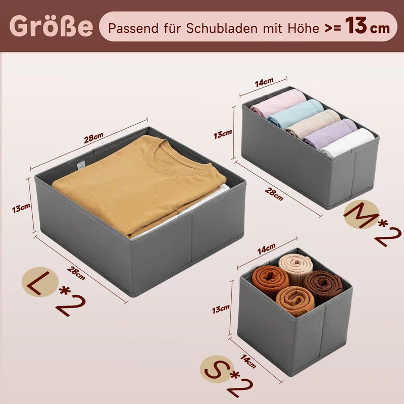Sekey Aufbewahrungsboxen Set S 6er Stoffboxen in verschiedenen Größen | Faltbar, formstabil & ideal für Schubladen