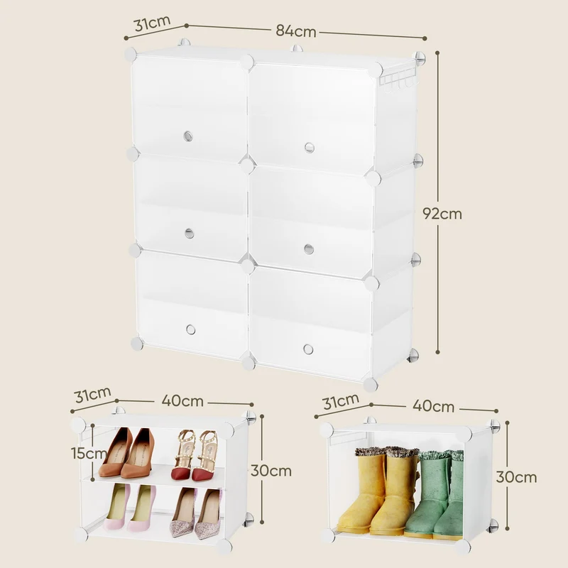 Sekey Weiß Schuhschrank mit 6/8/10 Fächern – Großes modulares Schuhregal für bis zu 24 Paar Schuhe