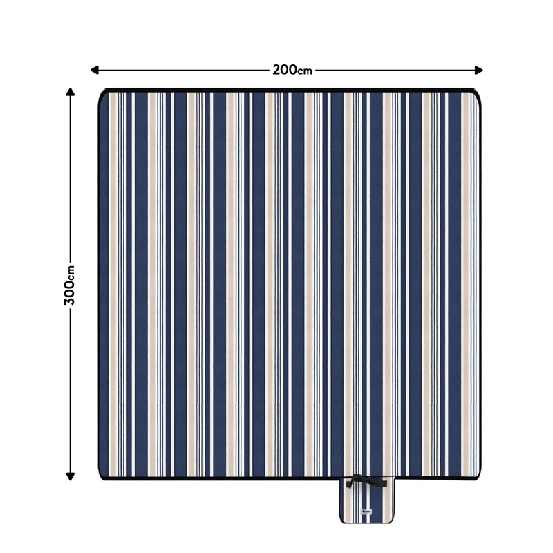 Sekey Wasserdichte Picknickdecke – Sandfeste, faltbare Strandmatte mit gepolstertem PEVA-Untergrund, tragbar für Outdoor, Camping, Strand & Wiese, Blau-Weiß-Beige Streifen