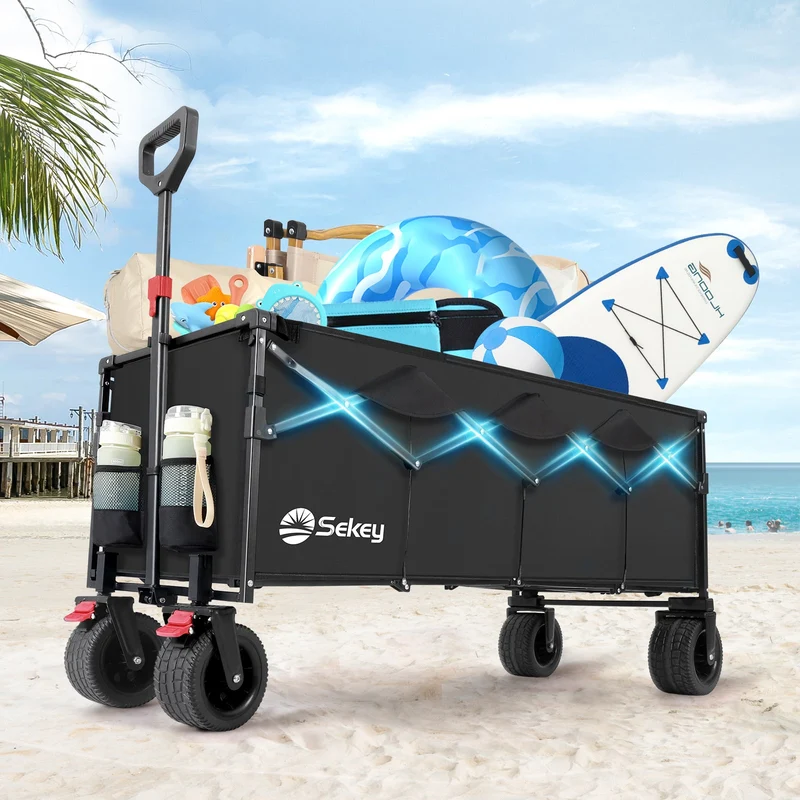 Sekey Faltbarer Bollerwagen 400 L, Extra Lang (110 cm), 200 kg Tragkraft, Schwerlast Transportwagen mit Geländerädern & Getränkehalter – Für Strand, Camping & Garten