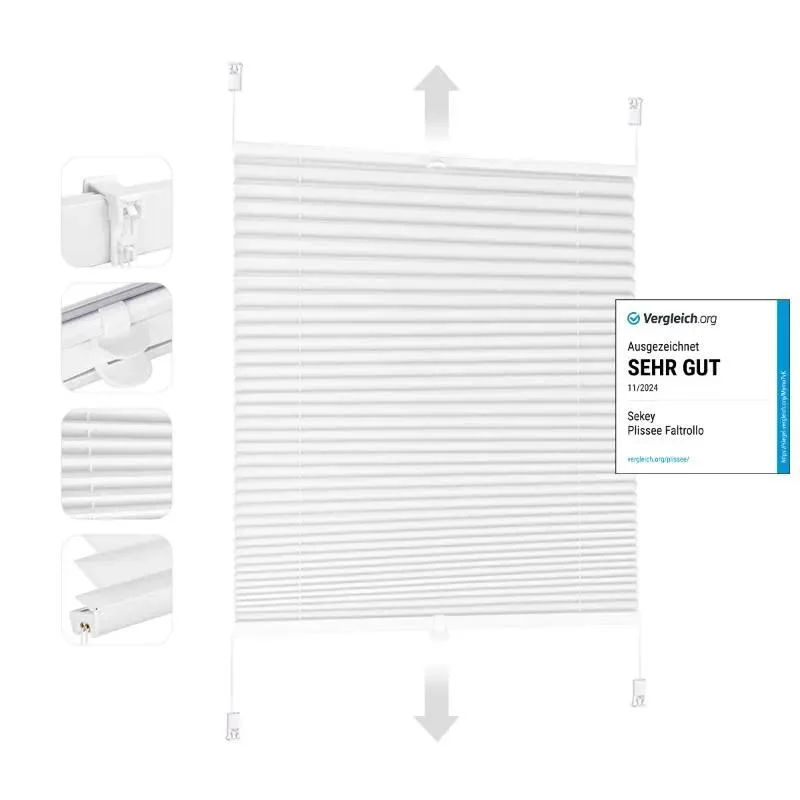 Sekey Plissee ohne Bohren Klemmfix, Lichtdurchlässiges Faltrollo mit Up & Down Funktion, Sonnenschutz & UV-Schutz, Verstellbares Fensterplissee aus Polyester, Weiß