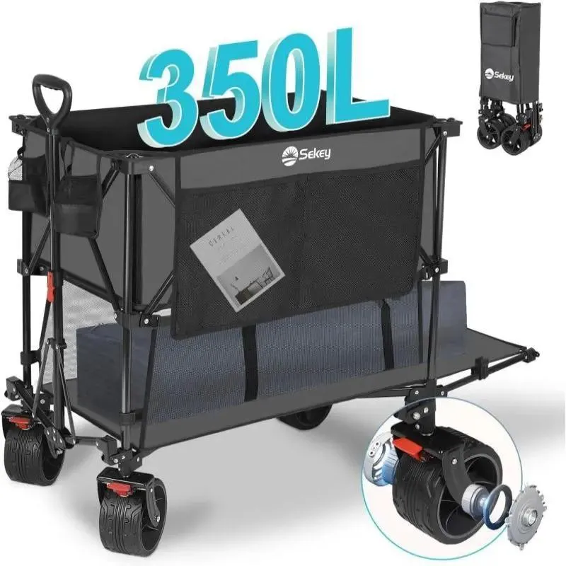 Sekey 350L / 120KG Doppel Faltbarer Bollerwagen, Patentiert Zusammenfaltbar aus Vier Richtungen, mit Bremsen und Extra Breiten Rädern