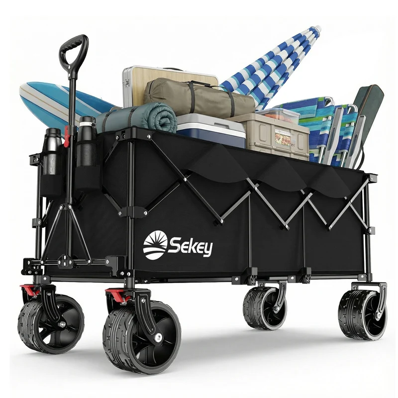 Sekey 300L / 150KG Faltbarer Bollerwagen, Patentiert Zusammenfaltbar aus Vier Richtungen, mit Bremsen und Extra Breiten Rädern