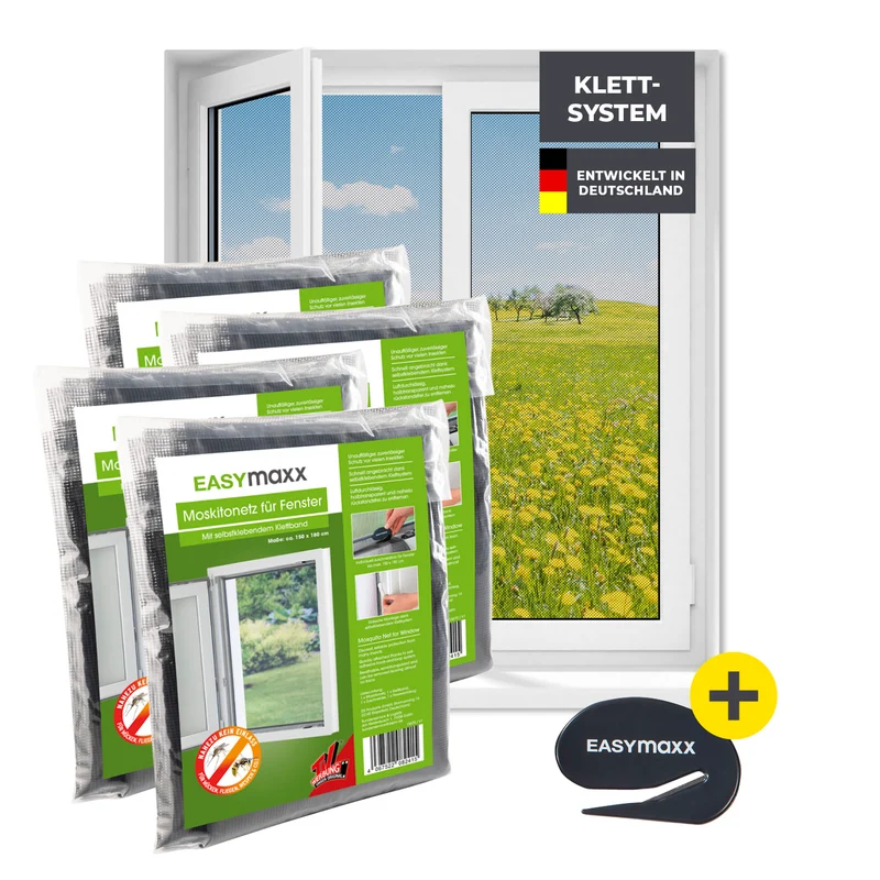 Moskitonetz für Fenster mit selbstklebendem Klettband - 4er-Set - 150 x 180 cm - Schwarz