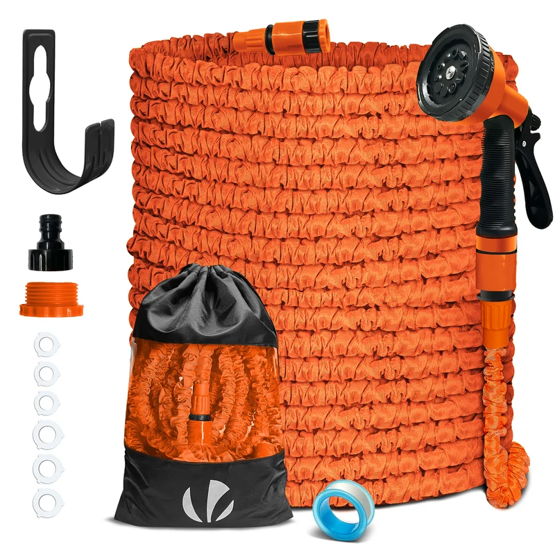 Flexibler Gartenschlauch 45m, Flexibel Wasserschlauch Dehnbarer mit 10 Sprühfunktionen, Orange