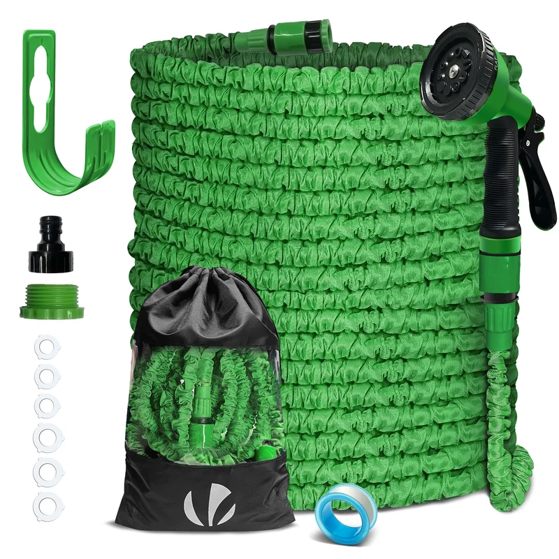 Flexibler Gartenschlauch 45m, Flexibel Wasserschlauch Dehnbarer mit 10 Sprühfunktionen, Grün