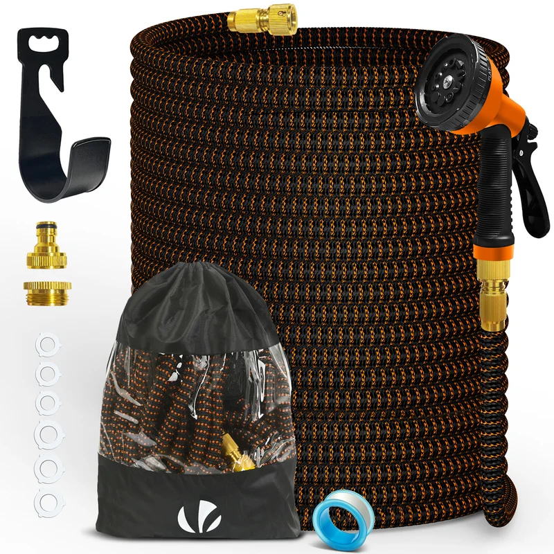 Flexibler Gartenschlauch 45m, Flexibel Wasserschlauch Dehnbarer mit 10 Sprühfunktionen, Messinganschlüssen,Orange