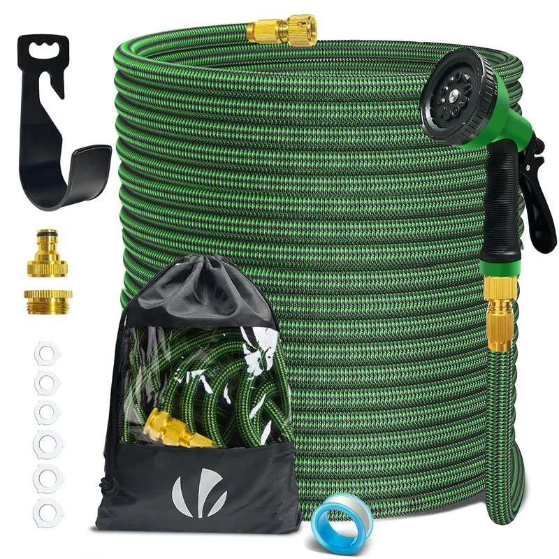 Flexibler Gartenschlauch 45m, Flexibel Wasserschlauch Dehnbarer mit 10 Sprühfunktionen, Messinganschlüssen,Grün