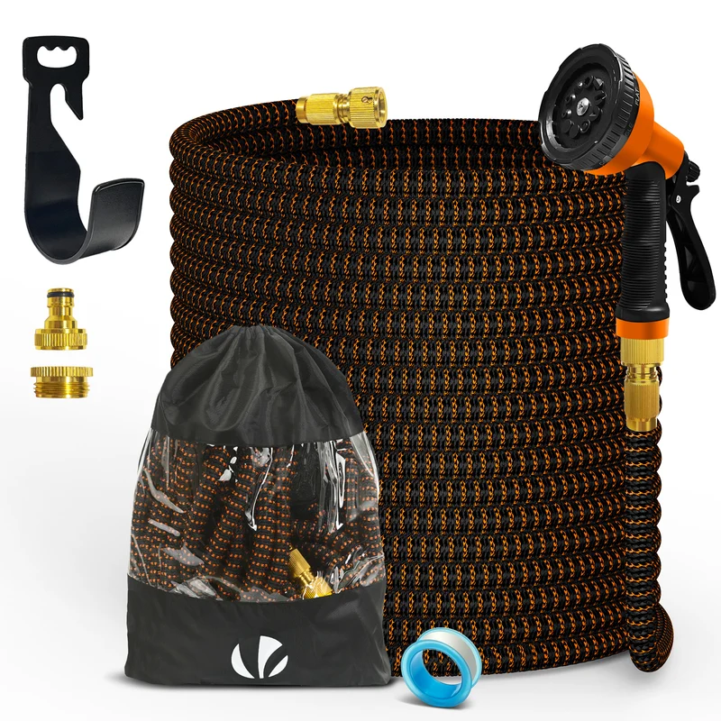 Flexibler Gartenschlauch 30m, Flexibel Wasserschlauch Dehnbarer mit 10 Sprühfunktionen, Messinganschlüssen,Orange