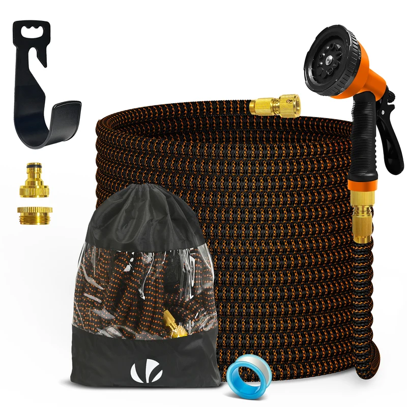 Flexibler Gartenschlauch 15m, Flexibel Wasserschlauch Dehnbarer mit 10 Sprühfunktionen, Messinganschlüssen,Orange