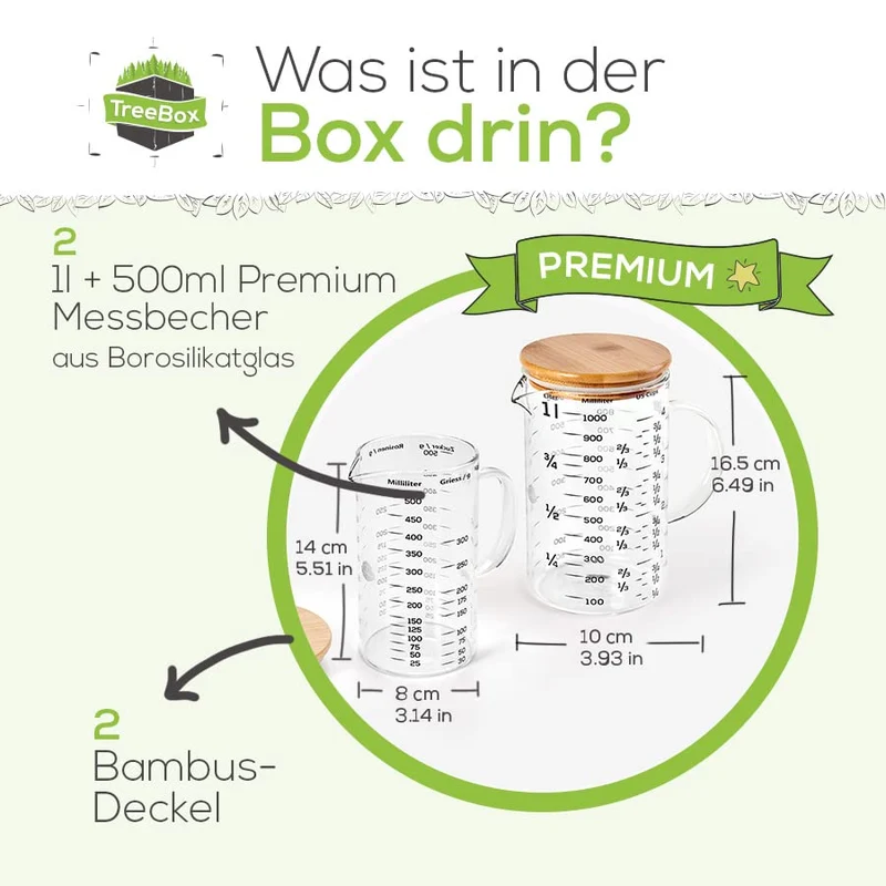 Messbecher - Glas - 2er Set - 1 L & 500 ml - mit Bambusdeckel