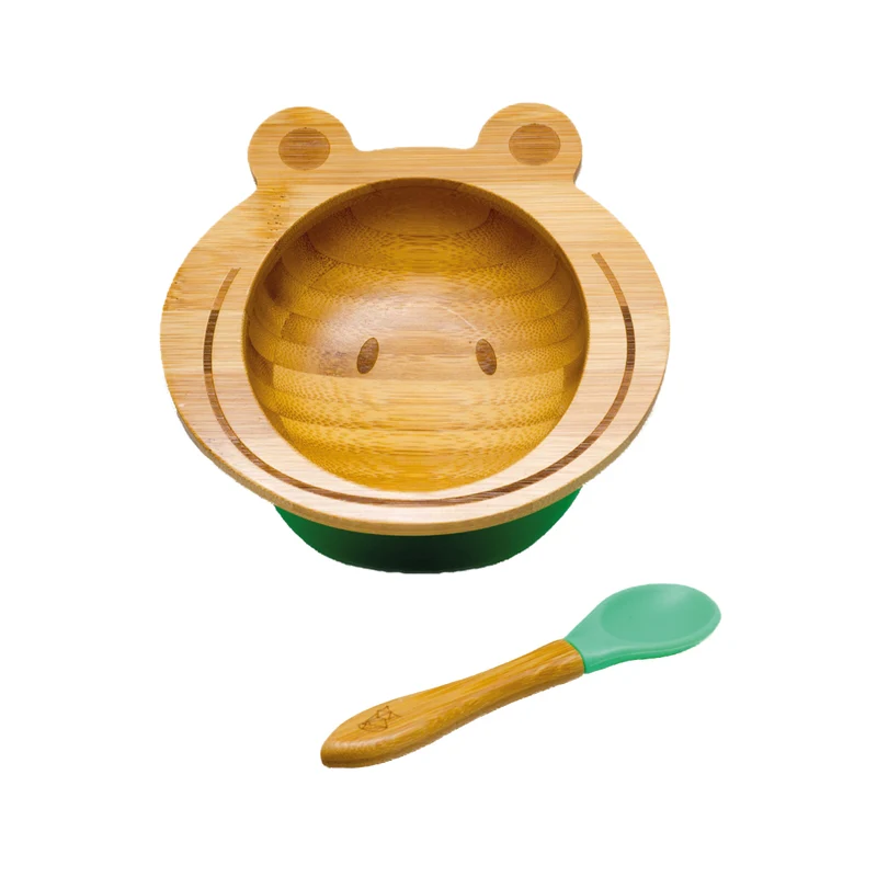 Bambus-Schüssel für Kinder inkl. Löffel - mit Froschmotiv - Grün