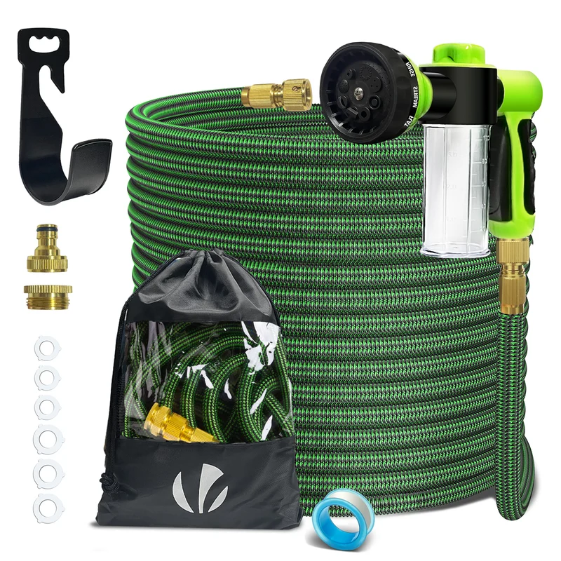 Flexibler Gartenschlauch 30m, Flexibel Wasserschlauch Dehnbarer mit 8 Sprühfunktionen & Spülmittelbehälter, Grün