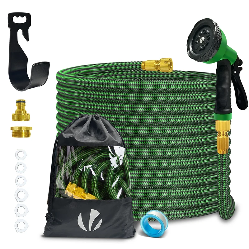 Flexibler Gartenschlauch 15m, Flexibel Wasserschlauch Dehnbarer mit 10 Sprühfunktionen,Messinganschlüssen,Grün