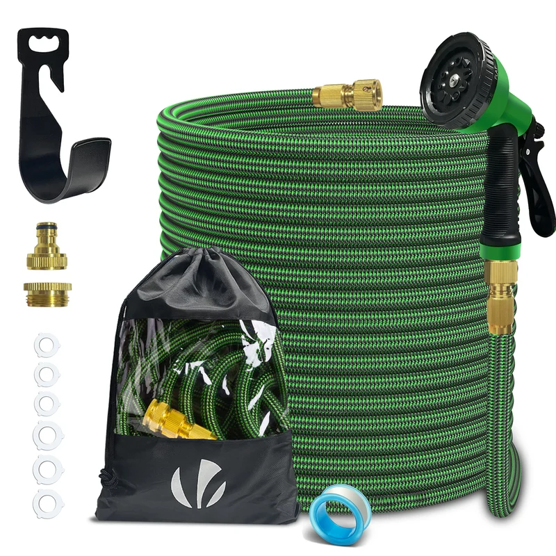 Flexibler Gartenschlauch 30m, Flexibel Wasserschlauch Dehnbarer mit 10 Sprühfunktionen,Messinganschlüssen,Grün