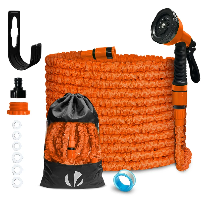 Flexibler Gartenschlauch 15m, Flexibel Wasserschlauch Dehnbarer mit 10 Sprühfunktionen, Orange
